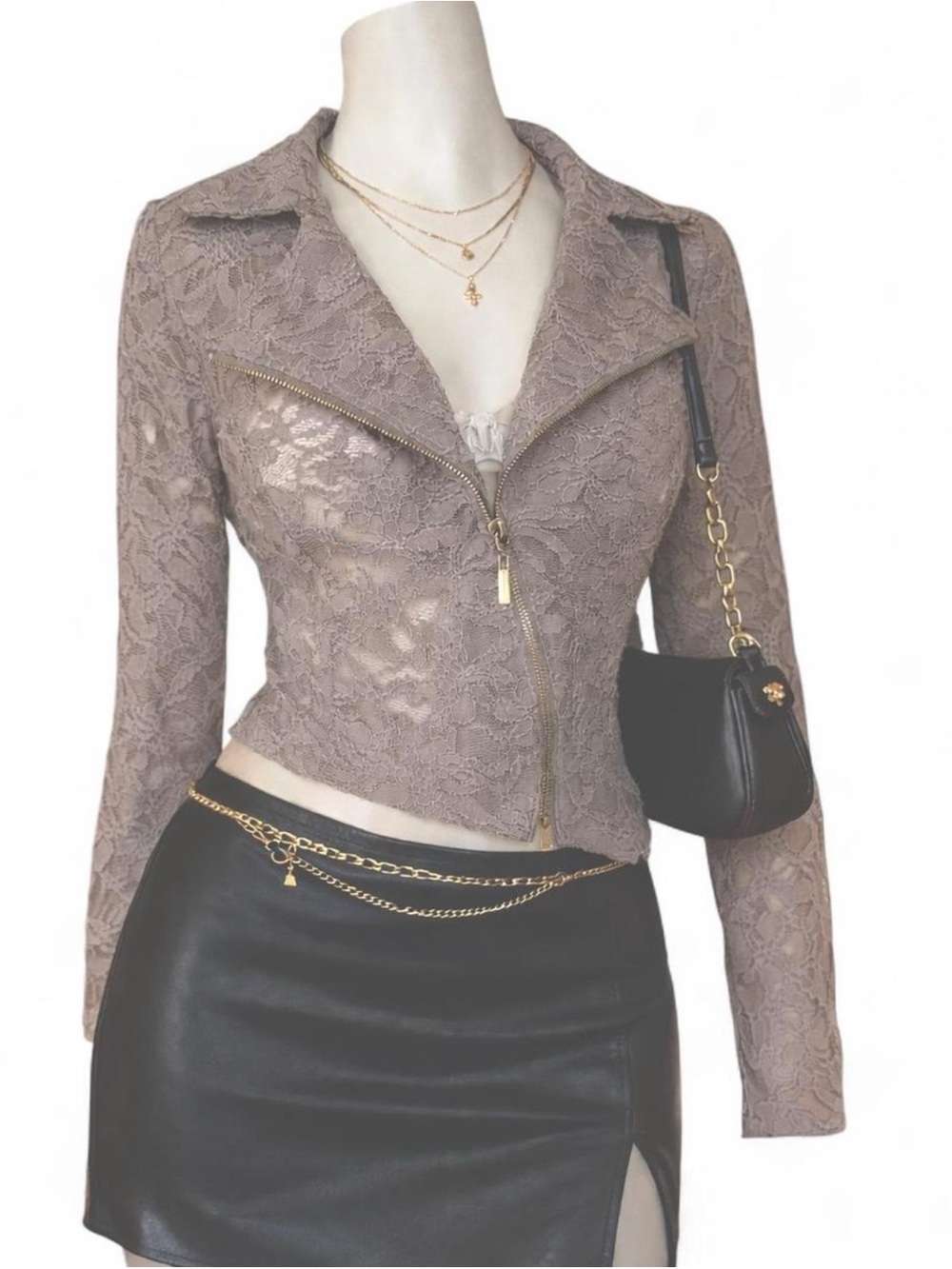 Joseph Ribkoff Lace Moto Jacket Taupe Grey Size 8
